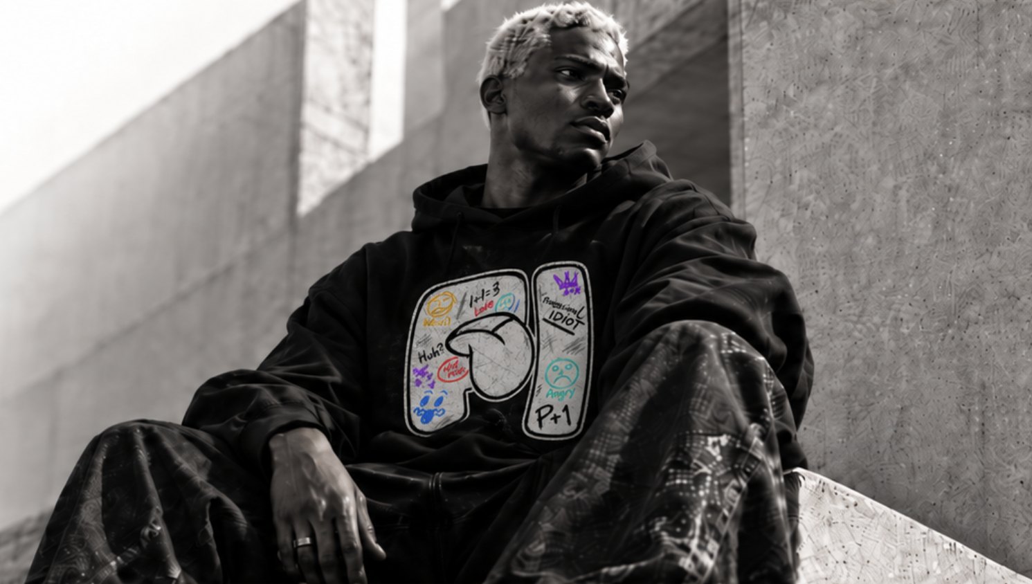 Professional Idiot oversized hoodie with the PI doodle graphic